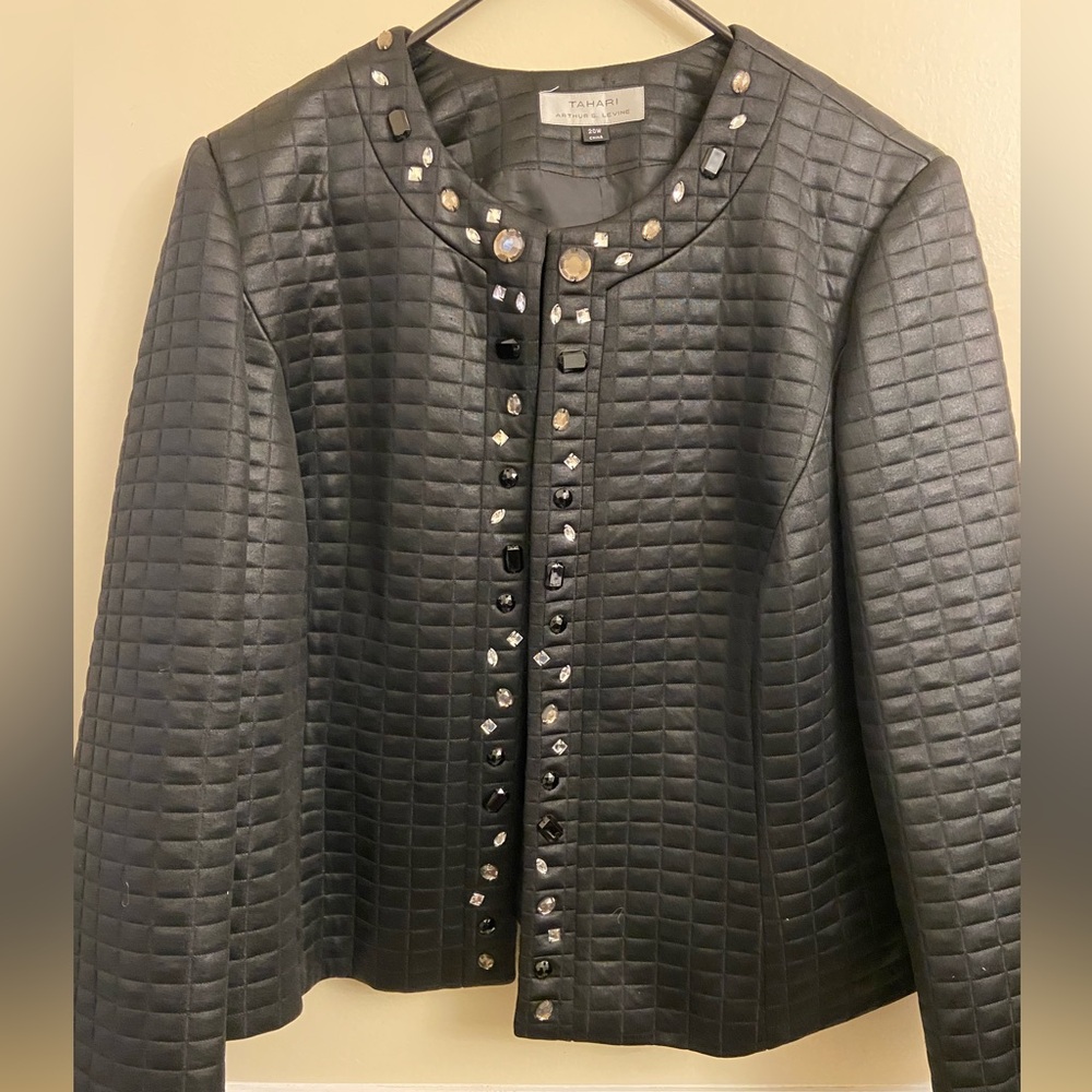 Tahari bejeweled blazer, snap top closure 25”